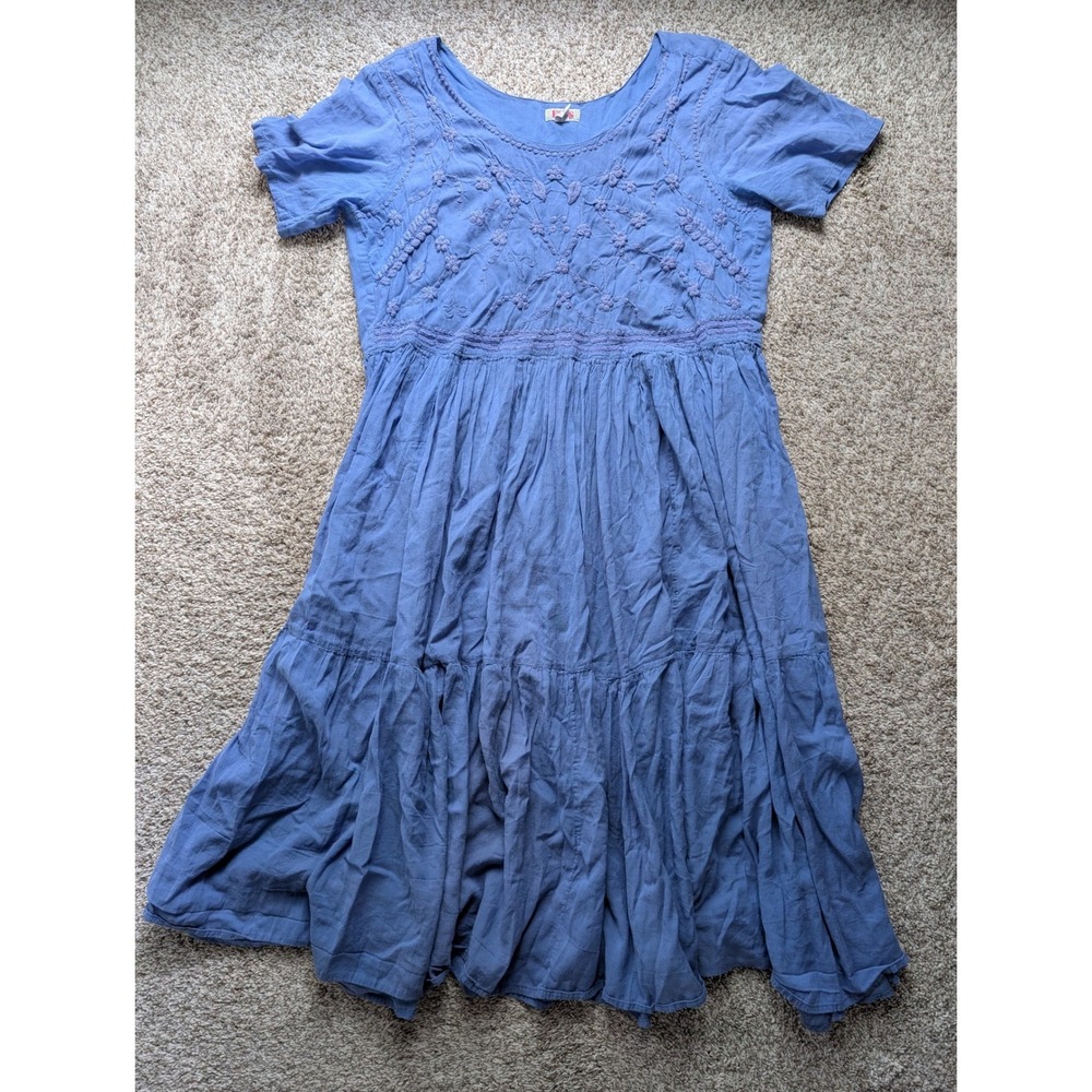 Fads Tiered Midi Dress Women 1XL Blue Embroidered Boho Cottagecore Vtg 90s